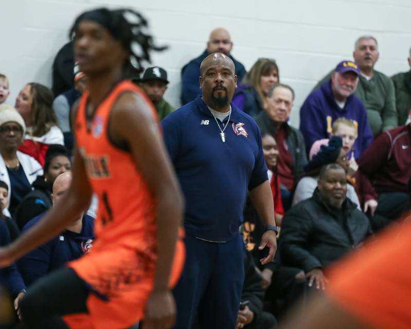 Romeoville's head coach Marc Howard looks on at the play in the WJOL Tournament Championship game. Nov 25, 2023.