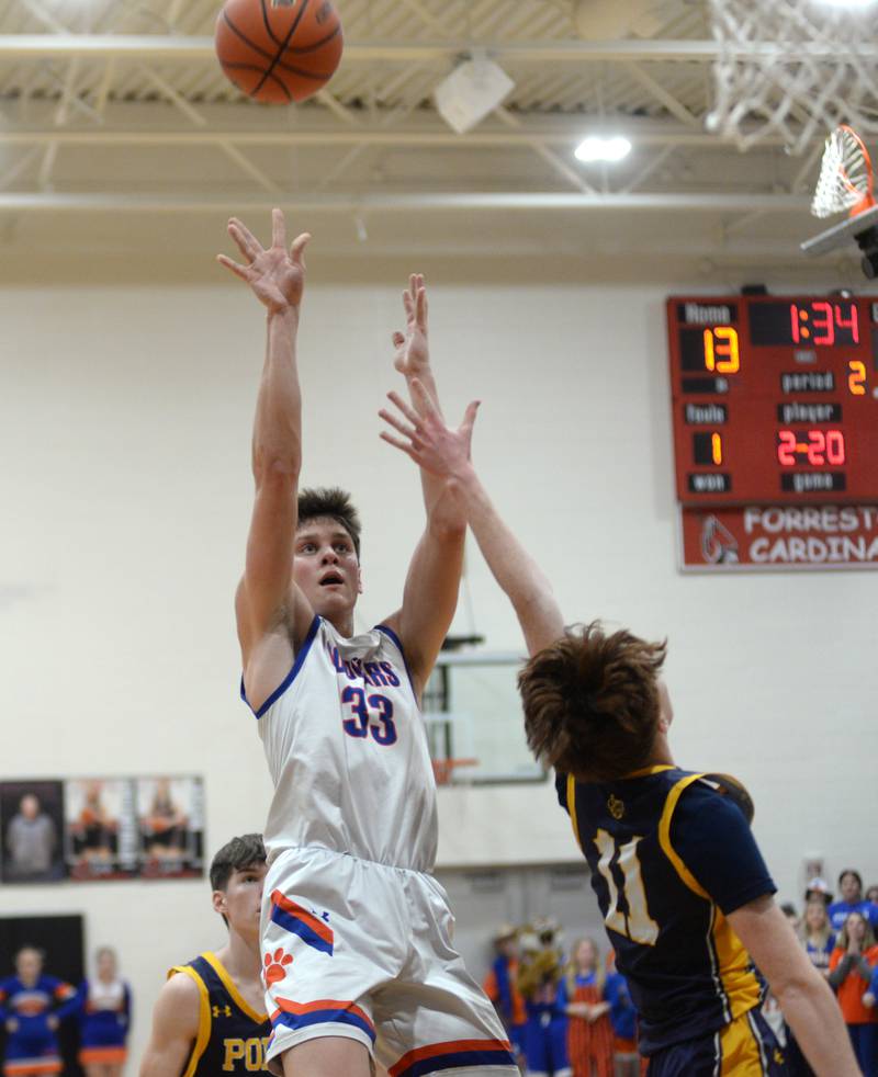 Eastland's Parker Krogman shoots against Polo on Friday, Feb. 23, 2024 at the 1A Forreston Regional championship game at Forreston High School.