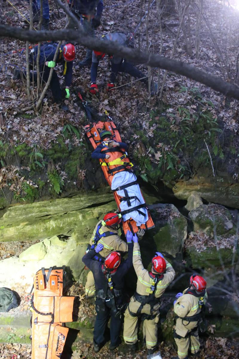 Firefighters lift a patient out of French Canyon who fell 20-30 feet on Tuesday, April 1, 2025 at Starved Rock State Park. A Mutual Aid Box Alarm System (MABAS) prompted rope and rescuers as far as Marseilles and Princeton.