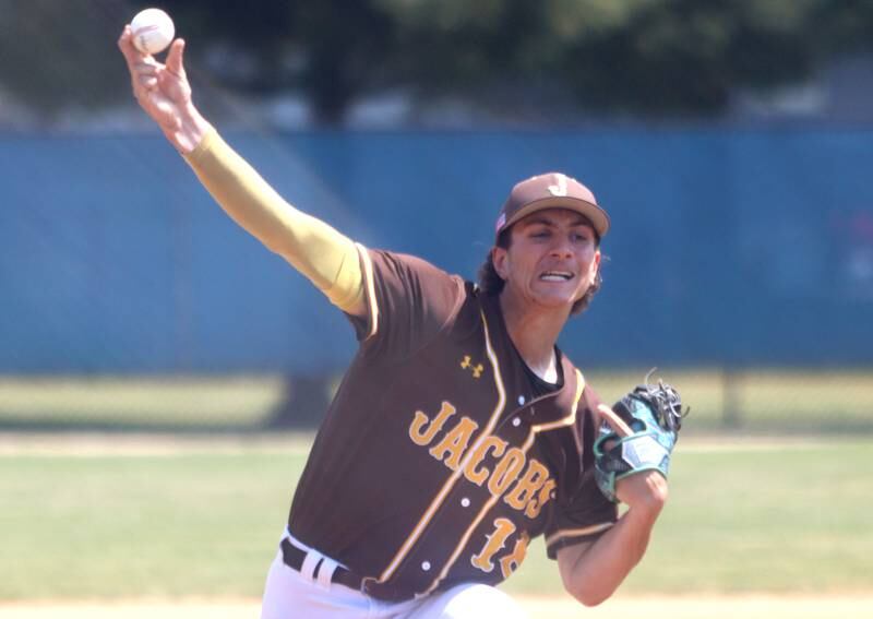 Jacobs’ Brandon Helbig delivers against Hononegah in Class 4A Sectional baseball action at Carpentersville Saturday.