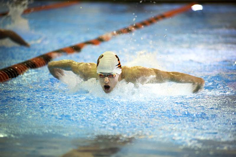 Swimming for the Byron team, Carson Faley of Dixon competes in the 200 yard individual medley race Tuesday, Jan. 18, 2022 in Byron.