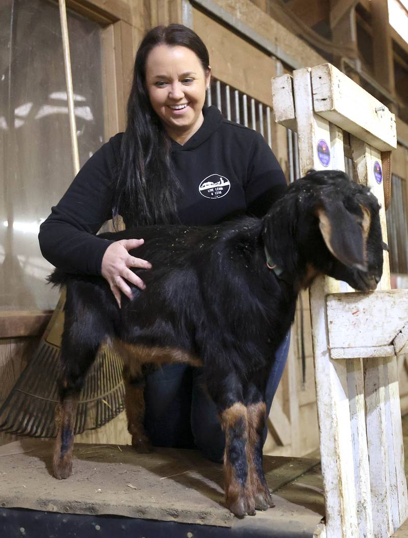 Cathy Best, executive director of programs at Live, Learn and Lead, pets one of the goat Friday, March 31, 2023, at their barn in Hampshire.
