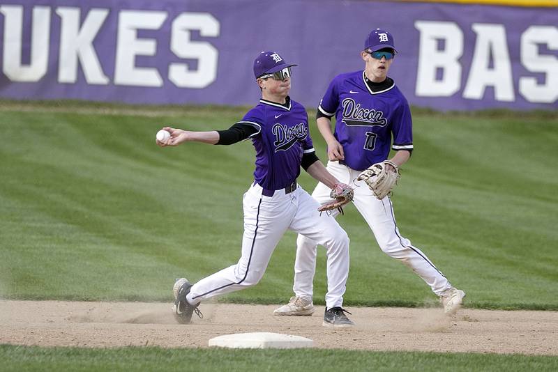 Dixon’s Alex Harrison fires to first after making a stop up the middle against Byron Monday, May 1, 2023.