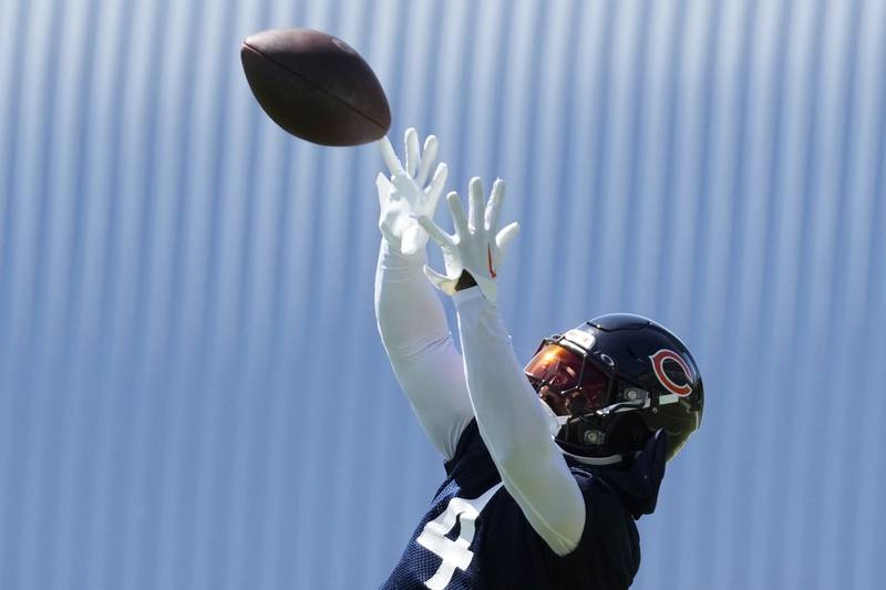 Chicago Bears running back D'Andre Swift catches a ball during the NFL football team's minicamp in Lake Forest, Ill., Thursday, June 6, 2024. (AP Photo/Nam Y. Huh)
