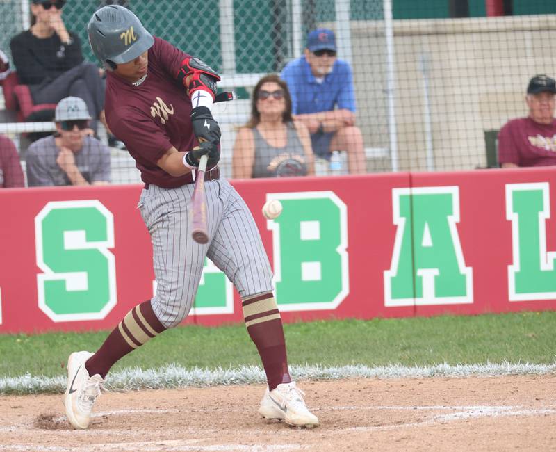 Morris's Bryce Lee makes contact with the ball against L-P on Friday, April 17, 2026 at Huby Sarver Field in the L-P Athletic Complex in La Salle.