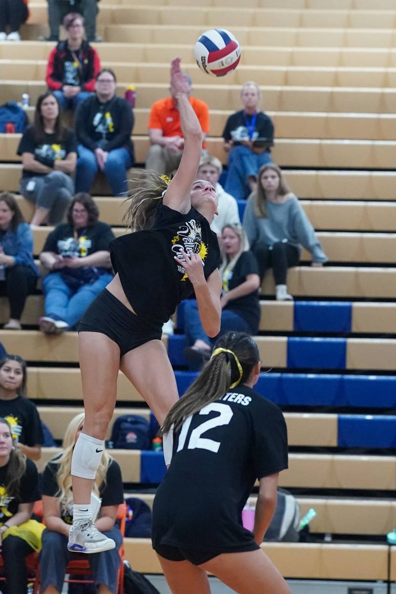 Oswego’s Sidney Hamaker goes up for a kill against Oswego East during a volleyball match at Oswego High School on Thursday, Oct. 10, 2024.