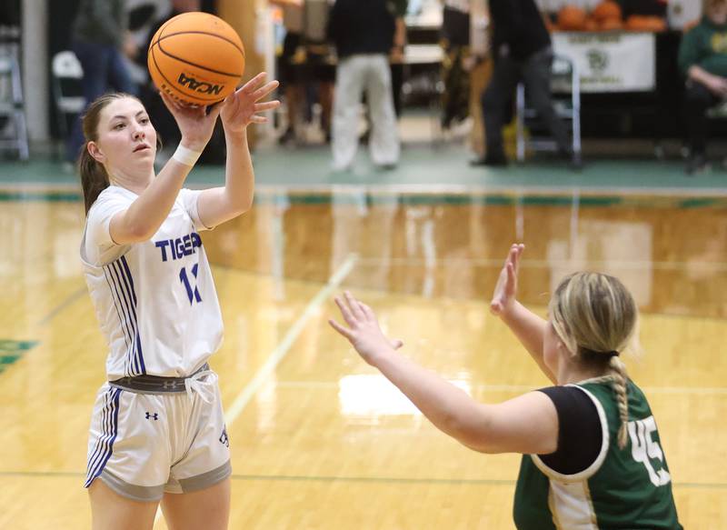 Princeton's Addy Dever shoots a jump shot over St. Bede's Savannah Bray during the Class 2A Regional semifinal game on Tuesday, Feb. 17, 2026 at St. Bede Academy.