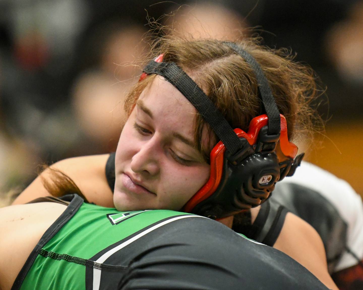 Erie’s wrestler Michelle Naftzger tries to control Dwight's wrestler Avery Crouch during the 135-pound regional championship match up on Saturday Feb. 14, 2026, held at DeKalb High School.