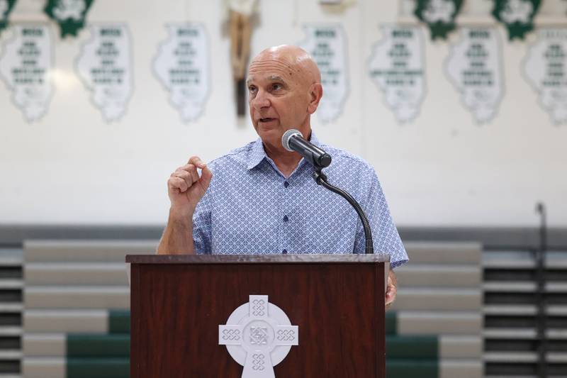 Former Bishop McNamara principal Terry Granger speaks during the ribbon-cutting ceremony for the new Rich Zinanni Athletic Complex on Thursday, Aug. 21, 2025.