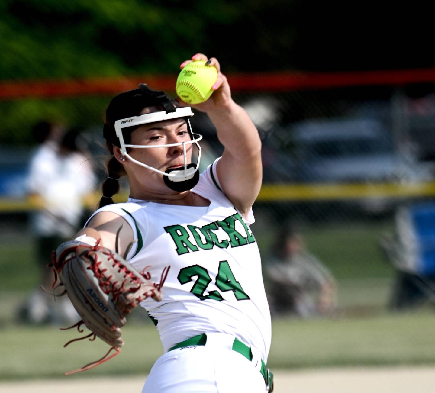 Rock Falls pitcher Katie Thatcher is focused on the plate as she prepares to hurl a ball to the plate Tuesday during sectional semifinal action against Richmond Burton.