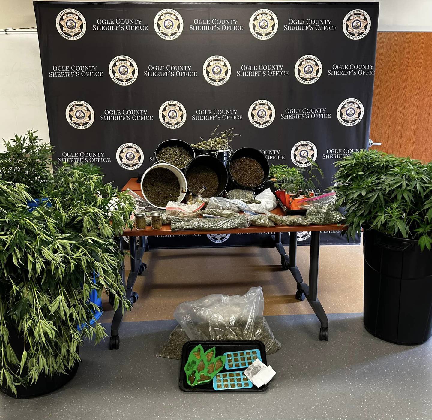 Ogle County Sheriff deputies display what they said they seized after a search warrant was issued for Joshua T. Anderson, 38, of Woosung on April 10.