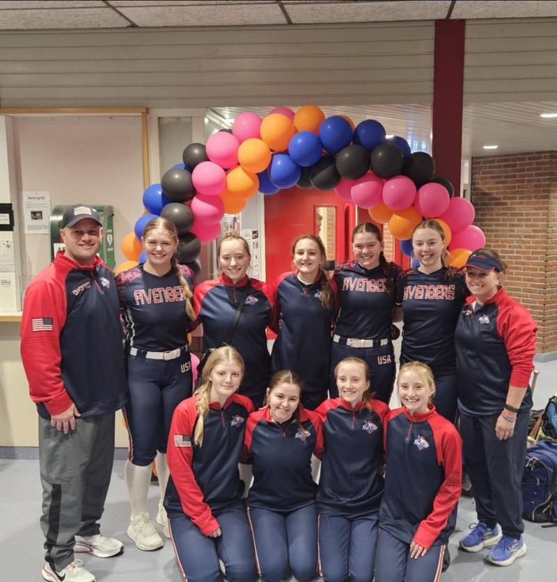 Pictured is USA's Team Avengers, which competed at The Cup, a fastpitch softball tournament in The Netherlands which took place from Jan. 17-19. The team features players from Illinois and the Midwest. 
Pictured, back row, left to right: Coach Jason Yakey, Natalie Aurit, Jalyn Yakey, Erica Burnham, Janae Burke, Rylie Adams and Coach Joann Yakey.
Front row, left to right: Adrianne Baker, Cheyenna Wilkins, Josie Yakey and Jenna Yakey.
