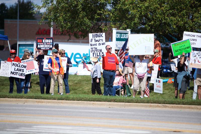 Locals gather for Workers over Billionaires rally on Rt 64 on Monday, Sept.1,2025 in St. Charles.