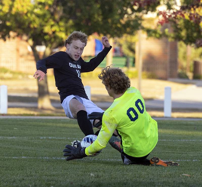 Sterling goalie Rex Blackburn stops a shot from Dunlap’s Jackson Orris Wednesday, Oct. 23, 2024, during the class 2A soccer regional semifinal in Geneseo.