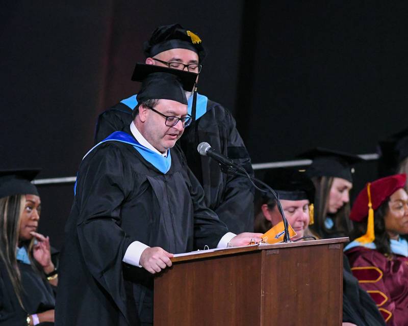 Oswego High School President of the Board of Education Dominick Cirore gives the Acceptance of the class during the graduation ceremony on Saturday May 17, 2025, held at the Convocation Center in DeKalb.