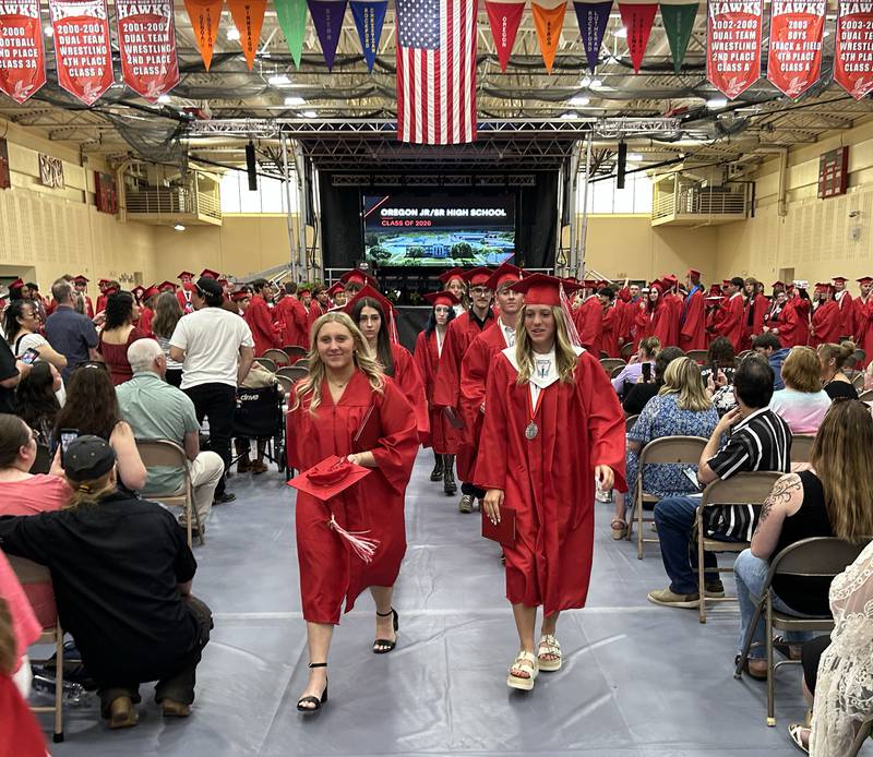 Oregon High School graduates exit the Blackhawk Center during the Class of 2026 commencement ceremony on Sunday, May 24, 2026.