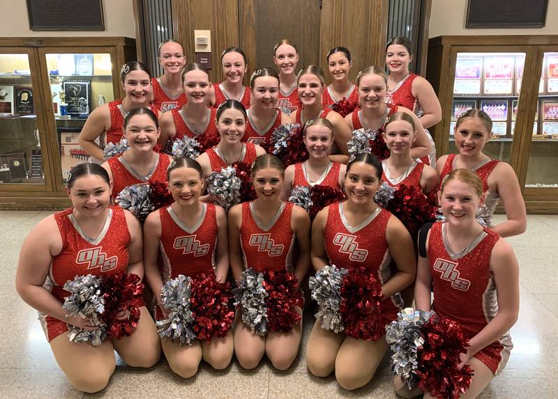 The IHSA State-qualifying Pirate Poms include (left to right): in front - Maggie Stisser, Whitney Stone, Amelia DeBernardi, Tres Guerrero, Hannah Larsen; second row - Melanie Stisser, Kierstin Burke, Emmalee Hill, Hailey Nelson, Cabella DeBernardi; third row - Sophie Fernandez, Mia Abernathy, Caroline Cooney, Melanie Kaminski, Lilly Samolitis; and in back - Raygan Hatfill, Macie Hart, Maddie Kerestes, Sienna Banushi and Natalie Dyche.