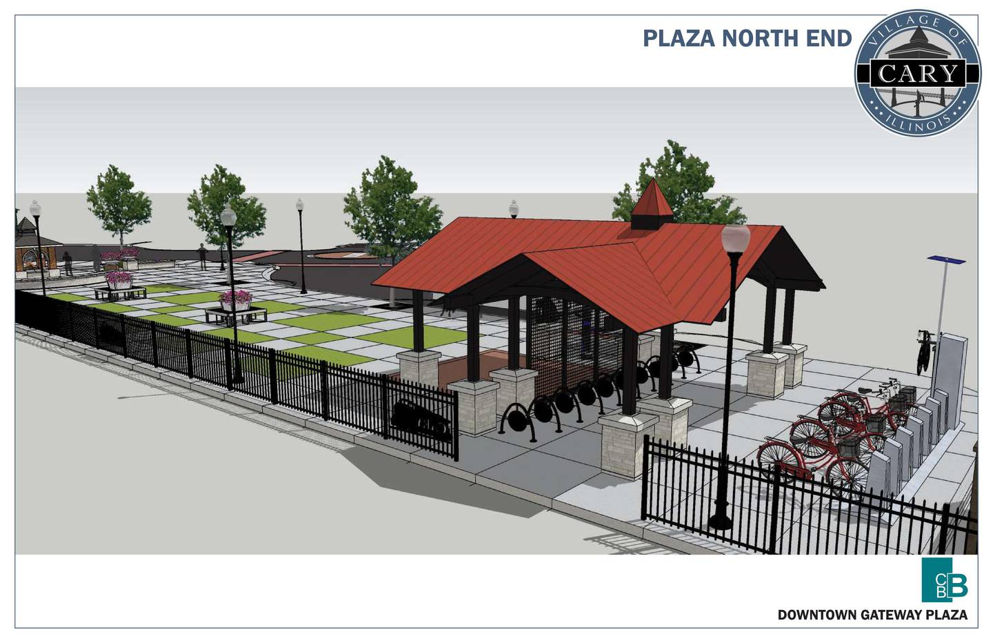Renderings show a plaza proposed for near the Metra commuter station in downtown Cary.