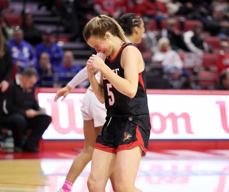 Benet Academy's Lenee Beaumont (5) reacts after losing to O’Fallon during the IHSA Class 4A girls basketball championship game at the CEFCU Arena on the campus of Illinois State University Saturday March 4, 2023 in Normal.