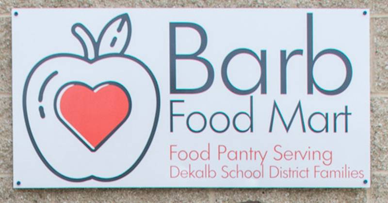The sign for Barb Food Mart, a food pantry open to DeKalb School District 428 families.