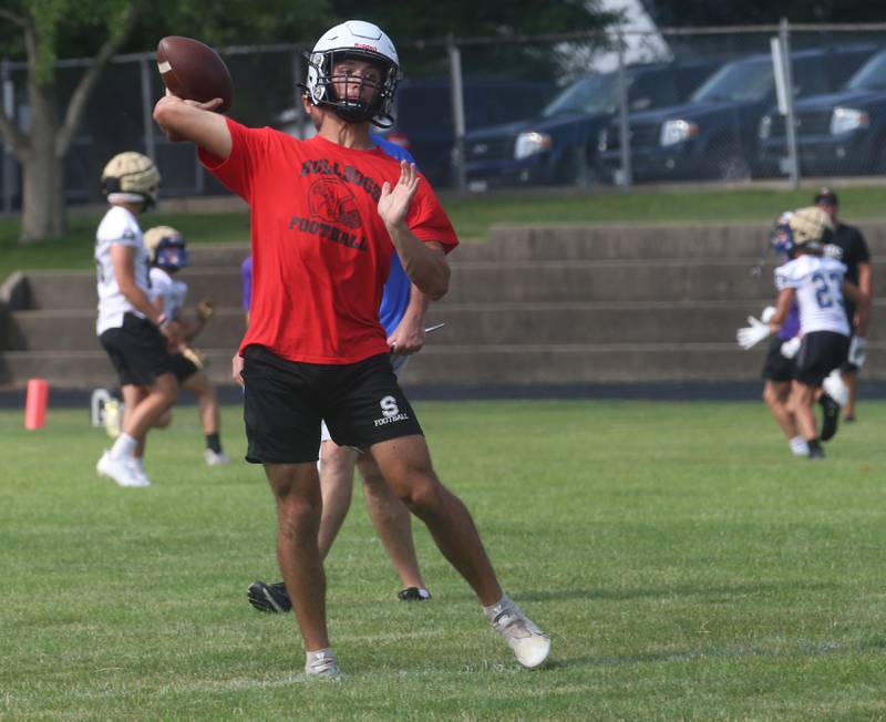 Streator quarterback Christian Benning throws a pass during the 7-on-7 meet on Saturday, July 15, 2023 at Princeton High School.