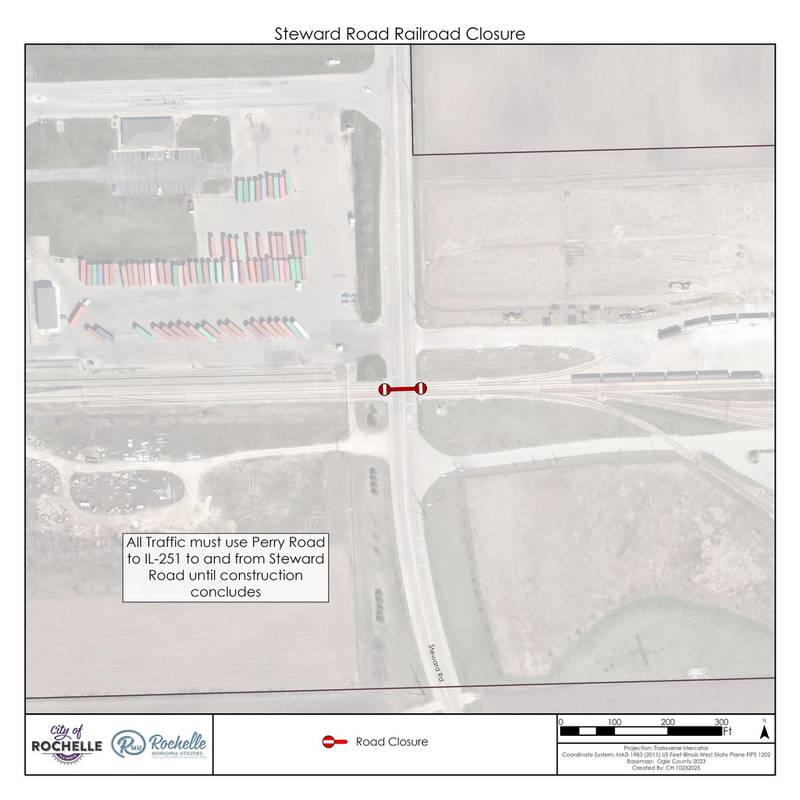 City of Rochelle Engineer Sam Tesreau has announced the closure of Steward Road, at the city railroad crossing 500 feet north of the Ogle/Lee county line, beginning Monday, Nov. 17, 2025.