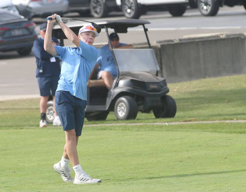 Marquette's Sawyer Ernat tees off during the Class 1A Regionals on Wednesday, Oct. 1, 2025 at Deer Park Golf Club in Oglesby.