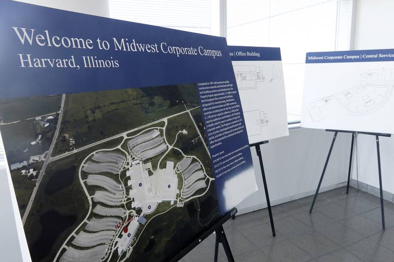 Building plans sit on easels at the former Motorola headquarters on Thursday, June 10, 2021 in Harvard.