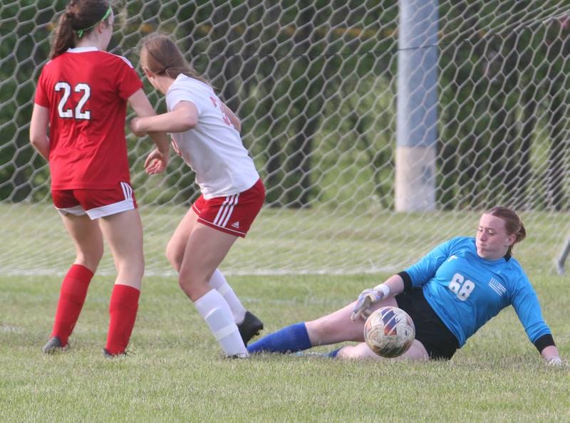 Streator keeper Charli McMullen blocks a kick as teammate Elisa Sorensen (left) gets in position for a rebound with Ottawa's Sophia Falaney during the Class 2A Regional game on Friday, May 10, 2024 at James Street Recreation Complex in Streator.