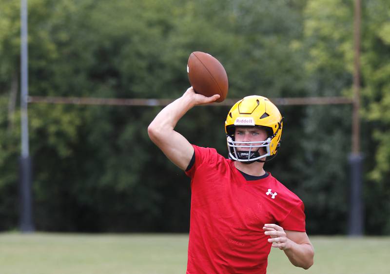 Jacobs’ Connor Goehring throws the football during football practice on Tuesday, August 15, 2025, at Jacobs High School in Algonquin.