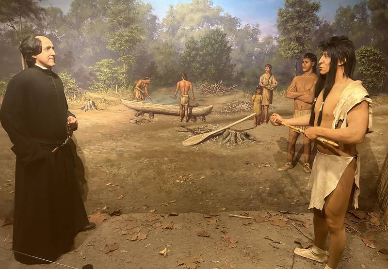A life-size replica of Father Jacques Marquette meeting the Native American Indians can be seen inside the Visitors Center on Tuesday, May 16, 2023 at Starved Rock State Park.