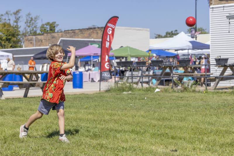 Brennan Walsh tosses a bocce ball Sunday, Sept. 1, 2024, towards the pallino prior to the Chuck Rolinski Labor Day Bocce Tournament in Toluca.