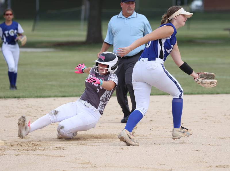 Kishwaukee Valley Storm's Clara Vivirito slides safely into second base Friday, June 27, 2025, during their 16u game against Northern Ice in the Storm Days tournament at the Sycamore Community Sports Complex.