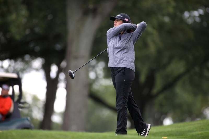 Glenbard West’s Kaavya Mamgain tees off on the 10th hole during the Class 2A Glenbard North Regional girls golf meet at Bloomingdale Golf Club on Thursday, Sept. 28, 2023.