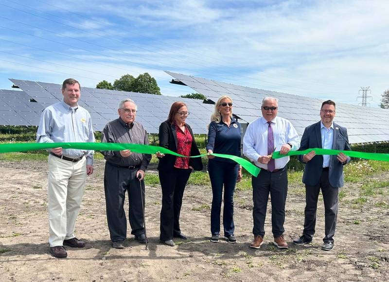 District politicians and local officials cut the ribbon during a ceremony marking the launch of Oglesby’s new solar project on Haul Road, between the Oglesby Fire Department and the water tower. From left: Jim Ellis, Altorfer Cat vice president; Dominic Rivara, former Oglesby mayor; state Rep. Amy Briel; state Sen. Sue Rezin; Kevin Gaden, IMEA president and CEO; and Oglesby Mayor Jason Curran.