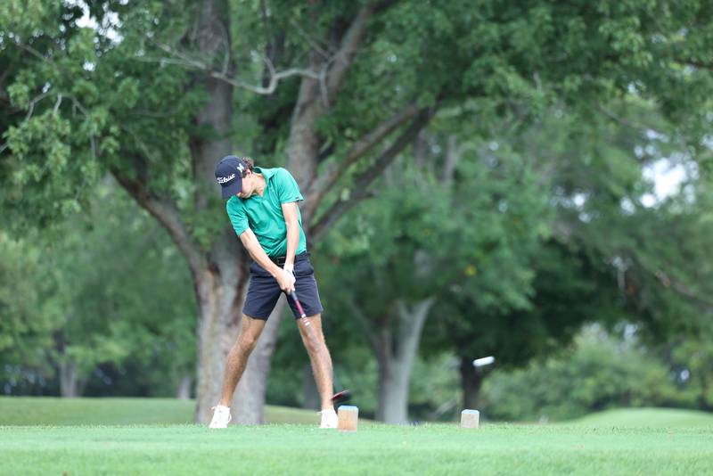 Bishop McNamara's Preston Payne tees off during the All-City matchup on Wednesday, Sept. 24, 2025. Payne scored an 86 to help the Fightin' Irish earn a 339-342 victory over Bradley-Bourbonnais.