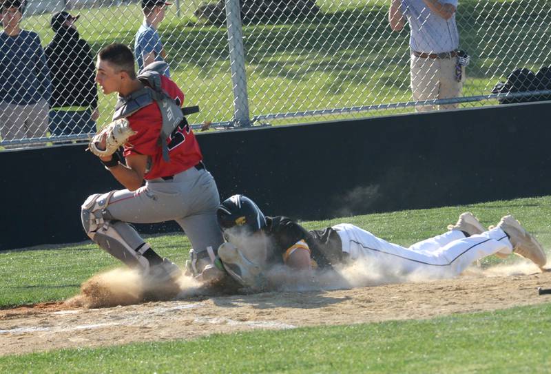 Forreston catcher Mikey Probst gets knocked over by a Lena-Winslow runner during a play at home at the 1A Forreston Sectional on Wednesday, May 22, 2024. The Cardinals won the game 10-4.