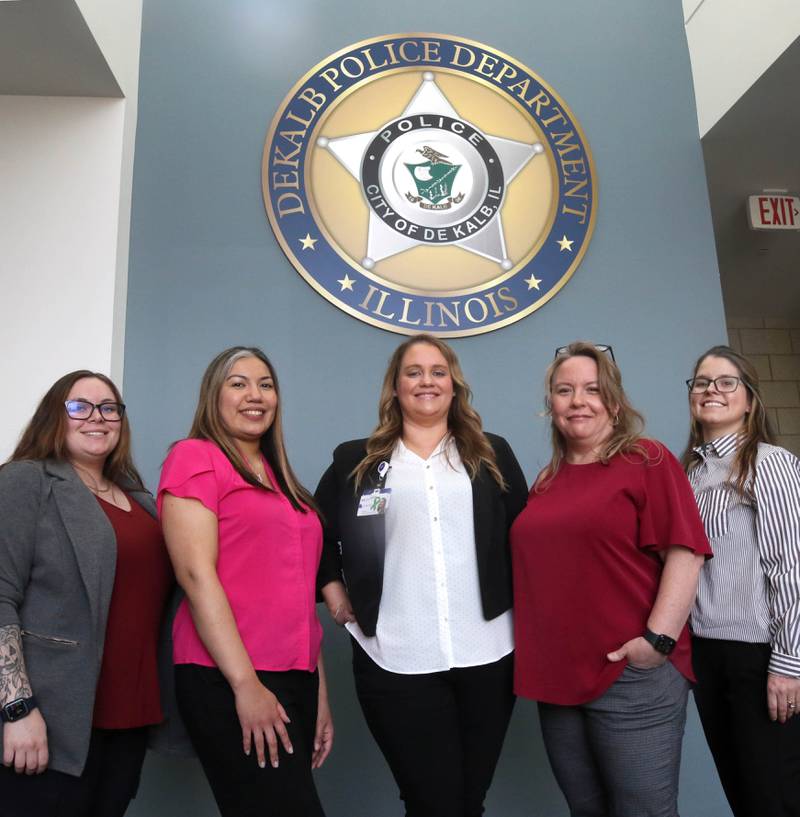 (From left) Cassie Hill, police social worker BA, Aracely Carrillo, police social worker BA, Bridgette Maurino, crisis manager licensed clinical social worker, Megan Nolan, police social worker licensed social worker and Ashley Maki, team lead licensed clinical social worker, Wednesday, May 8, 2025, at the DeKalb Police Department.