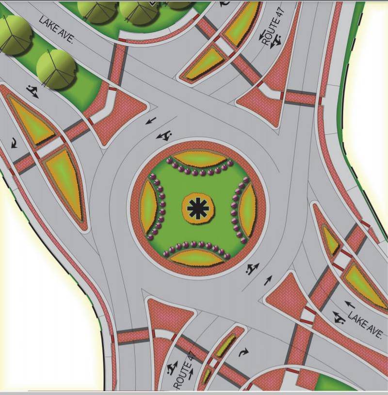 An example of what the intersection of Route 47 and Lake Avenue in Woodstock could look like after the state adds a roundabout there with stamped colored concrete installed as a visual design element. This is the high-grade streetscaping option for which Woodstock City Council has expressed preference.