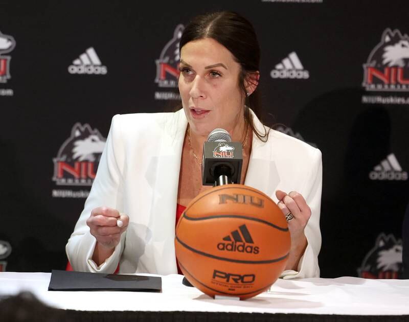Jacey Brooks answers questions Wednesday, April 9, 2025, in the Convocation Center at Northern Illinois University, after being introduced as the new NIU women’s basketball coach.