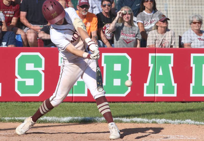 Morris's Brett Bounds smacks a hit against L-P during the Class 3A Regional semifinal game at Huby Sarver Field in La Salle.