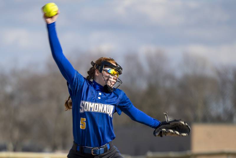 Somonauk pitcher Izzy Podnar delivers a pitch during Monday's game at Plano.