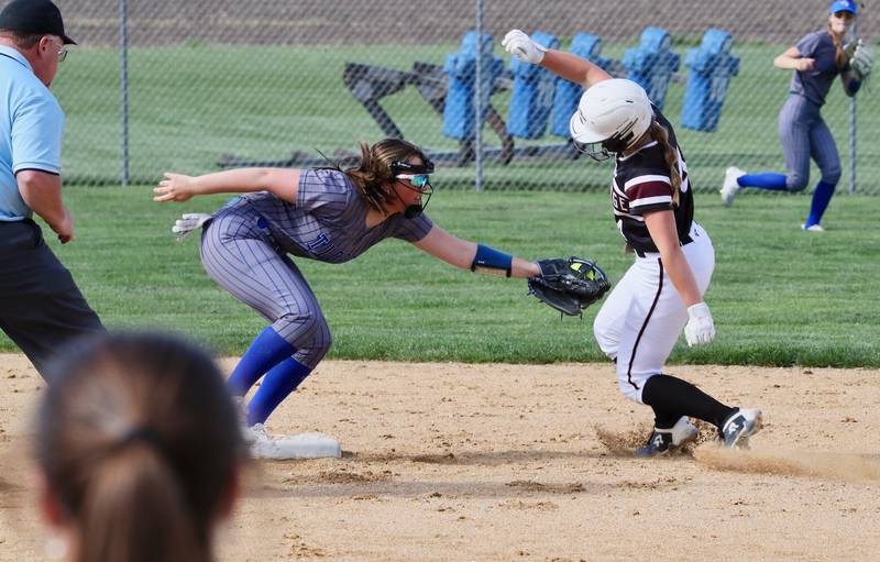 Princeton second baseman Sylvie Rutledge tags out Rockridge's Madelyn David at second base on a steal attempt by on Tuesday at Little Siberia Field.