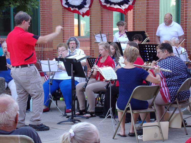 The Peru Municipal Band performs patriotic pieces Sunday, July 3, 2022, at the Maud Powell Plaza in downtown Peru.