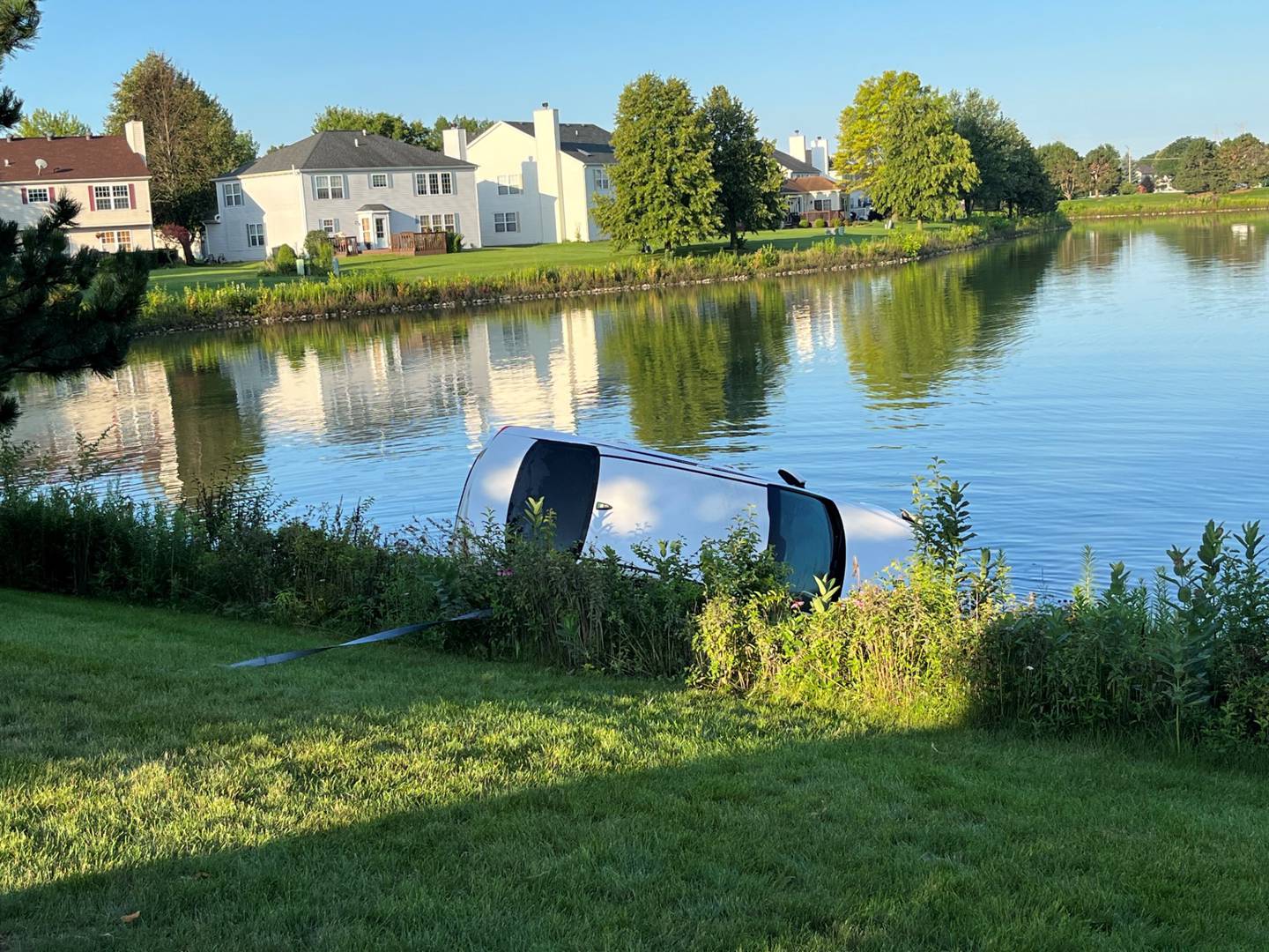 No occupants were found in or near a vehicle that was partially submerged in a Romeoville pond on Monday. Lockport divers, in coordination with both the Lockport and Romeoville remote operated underwater vehicle, searched the vehicle and the surrounding area.