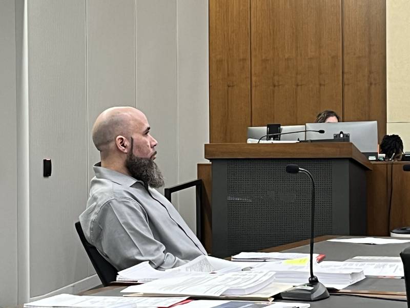 Jermaine Mandley, 47, of Bolingbrook, sits in a courtroom during a trial on Wednesday, Aug. 16, 2023. Mandley faces charges of shooting and killing Maya Smith on Jan. 7, 2023.