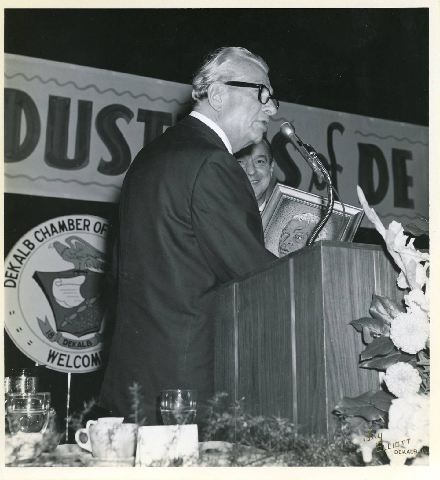 U.S. Senate Minority Leader Everett McKinley Dirksen, of Illinois, is given a portrait of himself at an Industrial Appreciation Dinner, sponsored by the DeKalb Chamber of Commerce, on Oct. 3, 1968. (Archive image provided by DeKalb County History Center and Joiner History Room.)