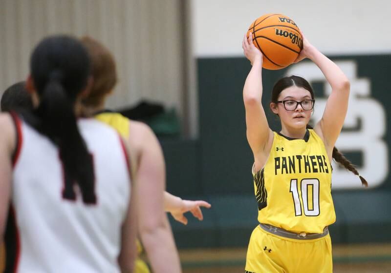 Putnam County's Addy Leatherman looks to ball the ball off against Amboy/Ohio during the Class 1A Regional semifinal game on Tuesday, Feb. 18, 2025 at St. Bede Academy.