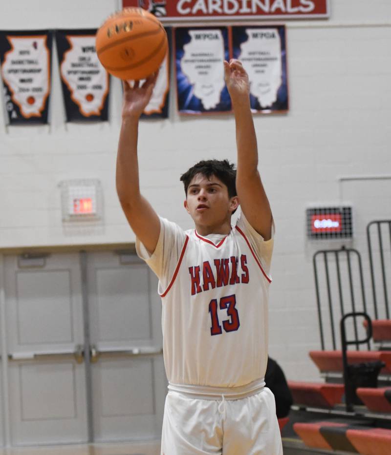 Oregon's Nole Campos (13) shoots against Byron on Monday, Dec. 15, 2025 at the 64th Forreston Holiday Tournament at Forreston High School.