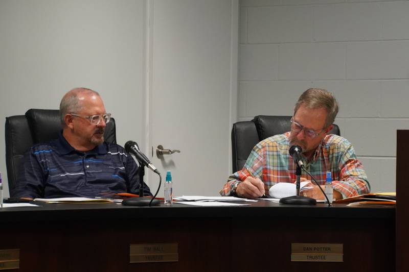 Hillcrest Village Trustees Tim Ball (left) and Dan Potter (right) participate in the Wednesday, Oct. 8, 2025 meeting of the Hillcrest Village Board.